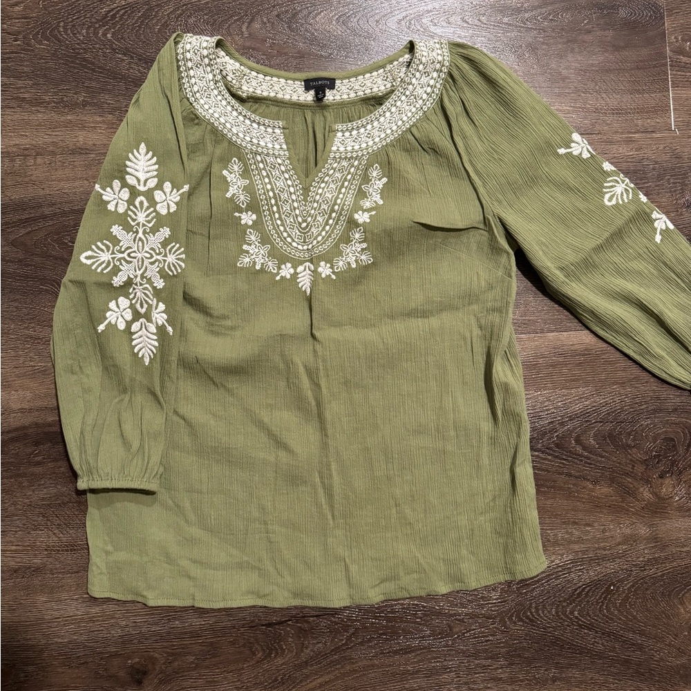 New. Talbots Olive Green Blouse with White Embroidery